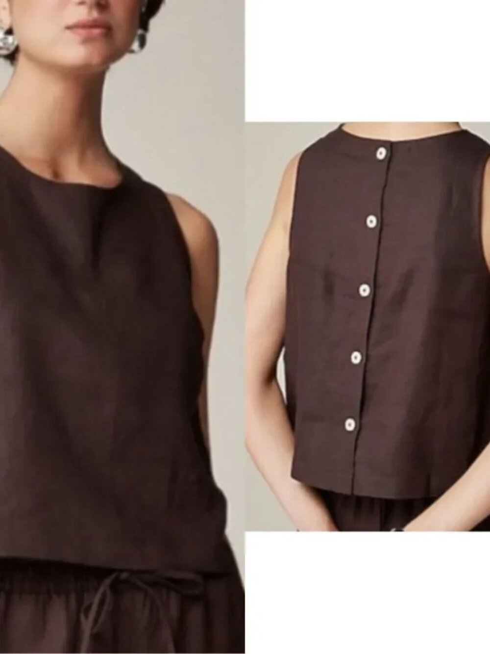 J. Crew Chocolate Brown Maxine button-back top in linen